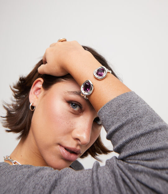 Bangle bracelet with two pink crystals, Silver, large
